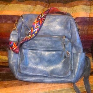 Vegan leather purse backpack, distressed blue, colorful strap and lots of room!